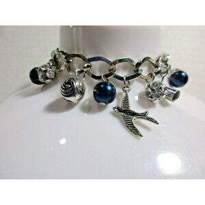 Silver Tone Fun Blue Silver Charm Christmas Bauble Bracelet w/Extender